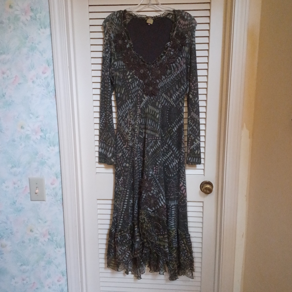 Bionda Fragola Green Floral Wool Fall Layered Maxi Dress 1